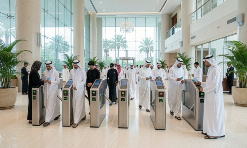 Travel and tour world - travel and tour world Modern airport check-in counters with travelers in middle eastern attire.