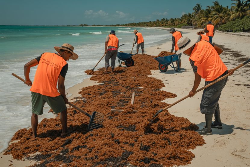 Workers removing sargassum seaweed from mexico&rsquo;s quintana roo beaches.
