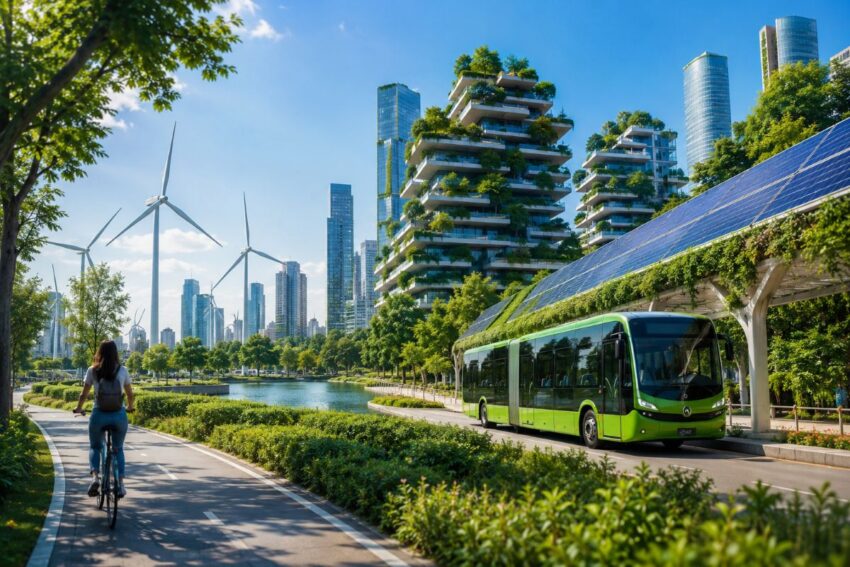 Eco-friendly city transit with green bus and sustainable architecture.