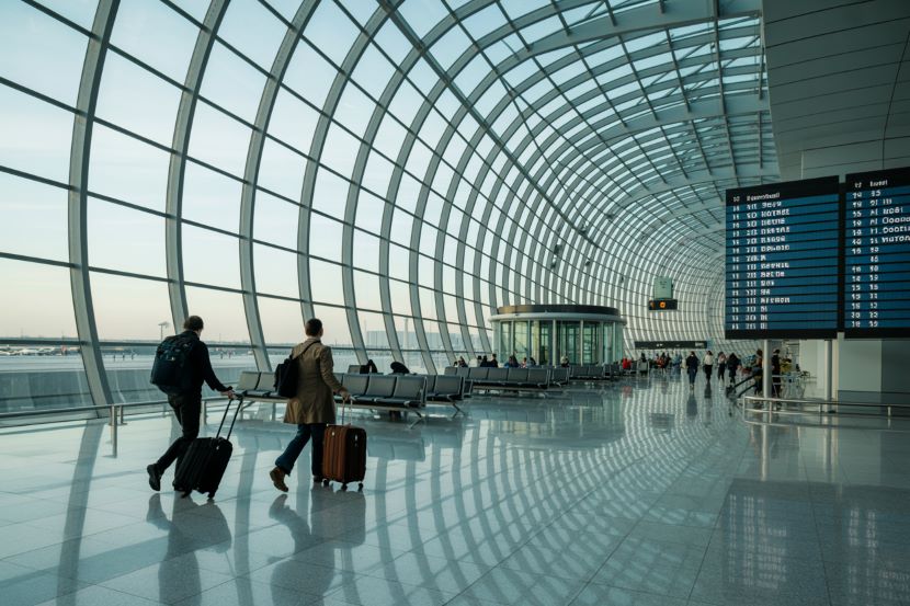 Passengers with luggage at airport terminal under new cabin bag rules.