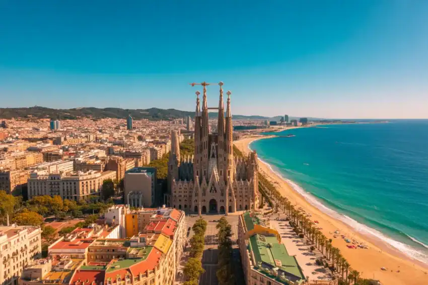 Stunning aerial view of sagrada família and barcelona coastline in spain.