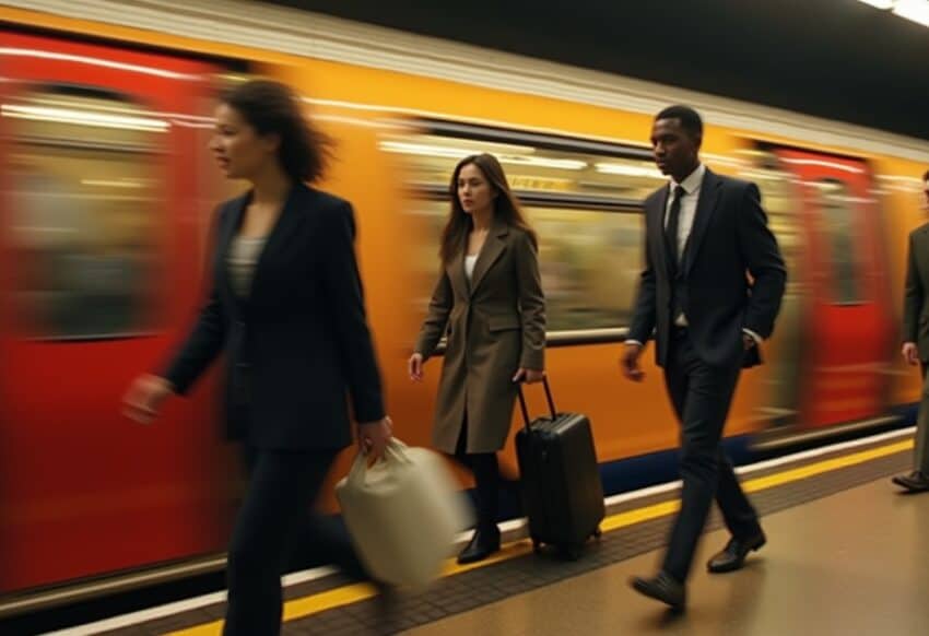 Train train - travel and tour world A woman and two men walking on a subway platform with a moving train in the back.