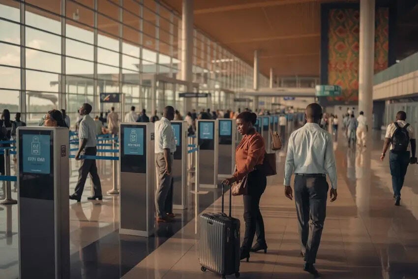 Passengers checking in at airport self-service kiosks in a modern terminal.