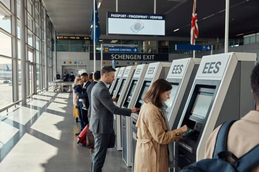 Travelers use self-service passport control kiosks (ees) at an airport border area.
