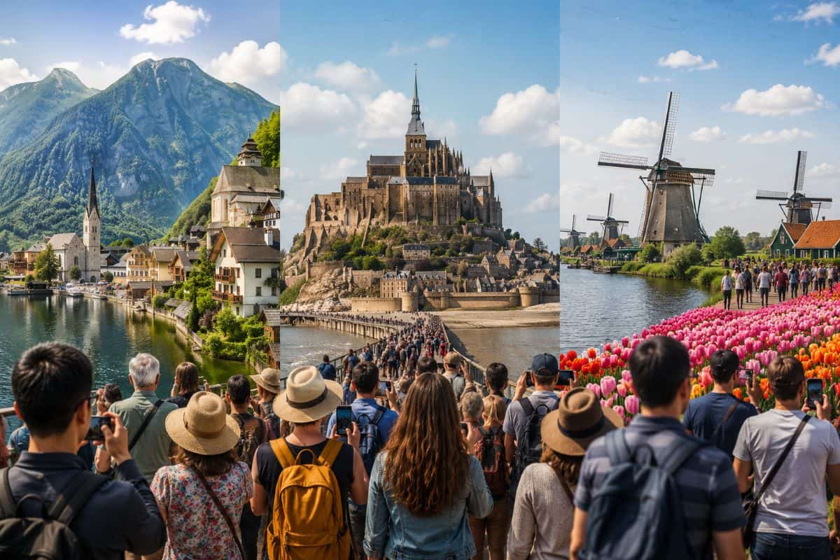 - travel and tour world Austria joins france and netherlands as hallstatt, mont-saint-michel and kinderdijk battle overtourism crisis, tourist crowds, instagram travel boom and new visitor restrictions across europe