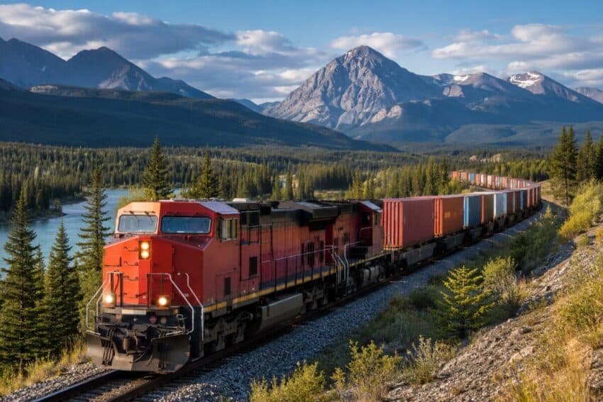 Freight train travelling through a canadian mountain rail corridor during cpkc ibew strike as rail freight operations continue.