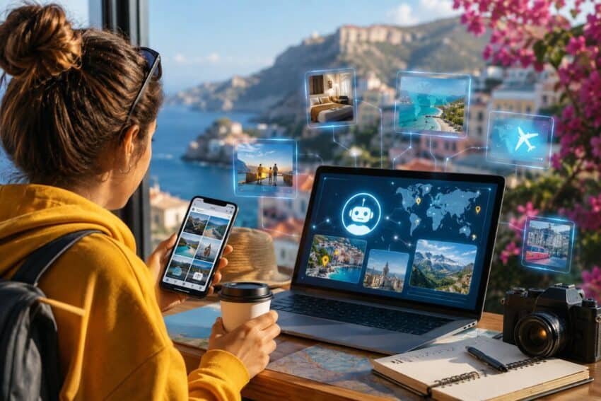 Traveller using a laptop and smartphone with ai travel planning screens and destination images overlooking a scenic coastal view.