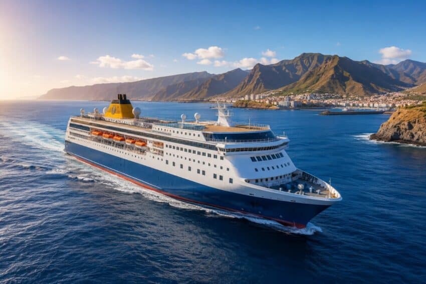 Modern passenger ferry sailing through blue atlantic waters near a mountainous canary islands coastline under a bright sky.