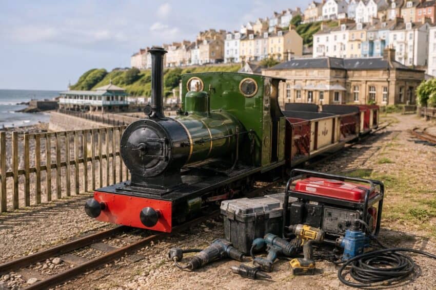 Clevedon miniature railway restoration faces tourism setback after tool theft - travel and tour world Miniature railway tracks near a coastal town in clevedon with restoration tools beside the line after equipment theft disrupted the project.