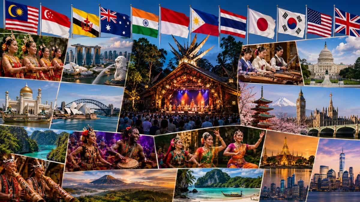 Sarawak festival travel collage showcasing rainforest world music festival and global tourism links - travel and tour world Collage of sarawak rainforest world music festival with performers, rainforest scenery, global landmarks and country flags representing malaysia, singapore, brunei, australia, india, indonesia, philippines, thailand, japan, south korea, united states and united kingdom.