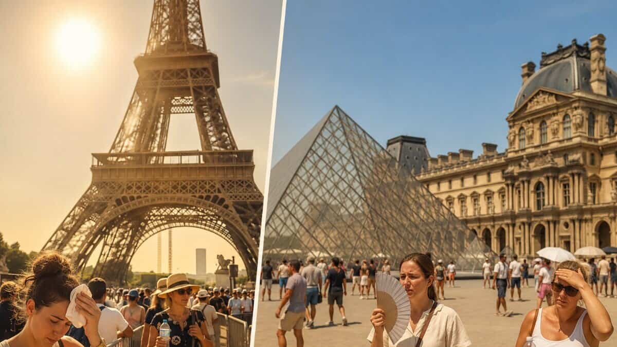 Tourists coping with extreme heat near the eiffel tower and louvre in paris during france’s summer heatwave.