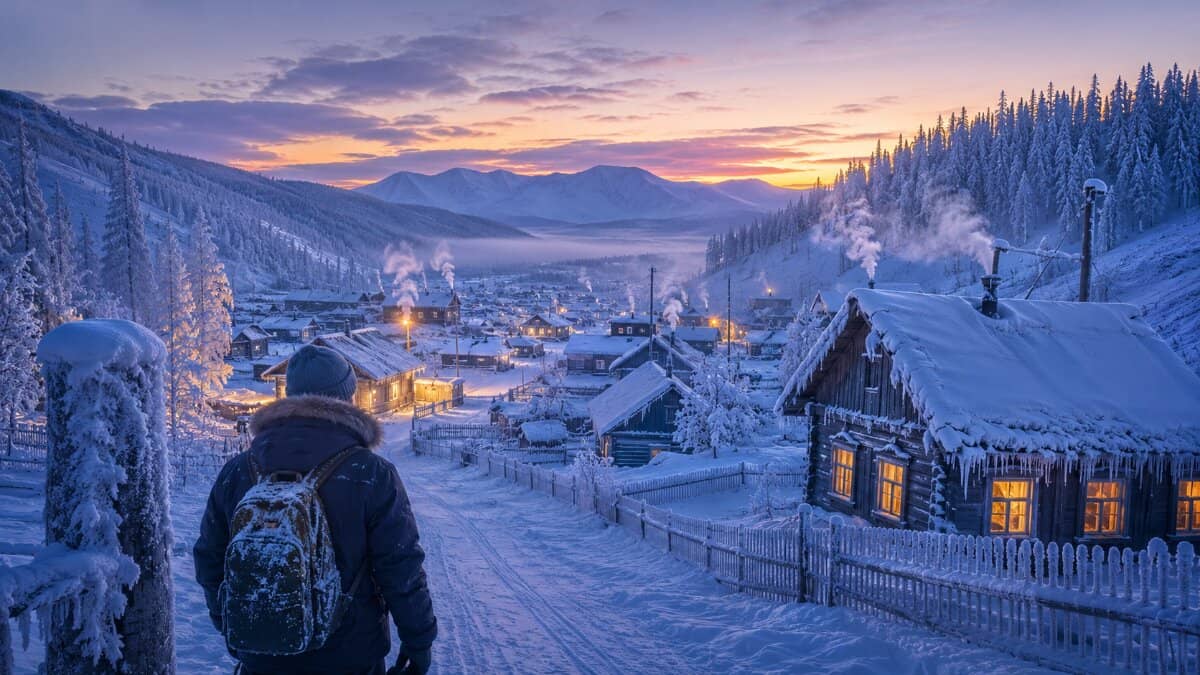 Russia oymyakon extreme winter tourism in the world’s coldest inhabited settlement - travel and tour world Snow-covered village in russia’s oymyakon at dusk with frosted houses, icy roads, smoking chimneys and a traveller facing the extreme winter landscape.