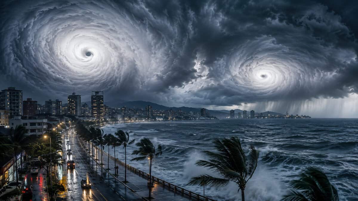 Twin storm systems over a rain-soaked japanese coastal city with rough seas, dark clouds, strong winds and flooded roads, representing japan travel disruption.