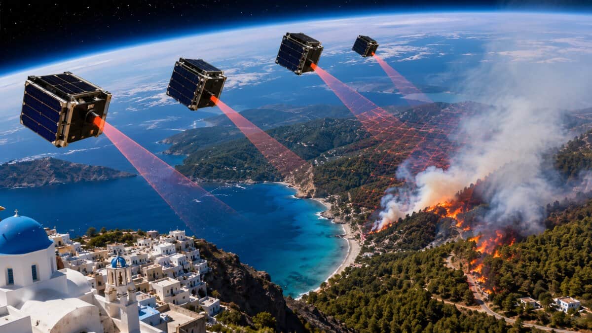 Greece wildfire satellite shield strengthens summer tourism safety - travel and tour world Four thermal satellites scan a greek island coastline from space as wildfire smoke rises near forested hills and coastal tourism areas.