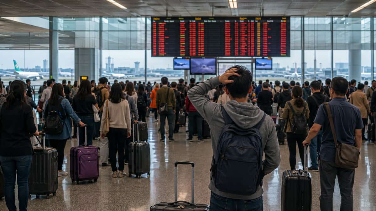 Crowded airport terminal with passengers and luggage watching flight information boards during major airline cancellations and delays.