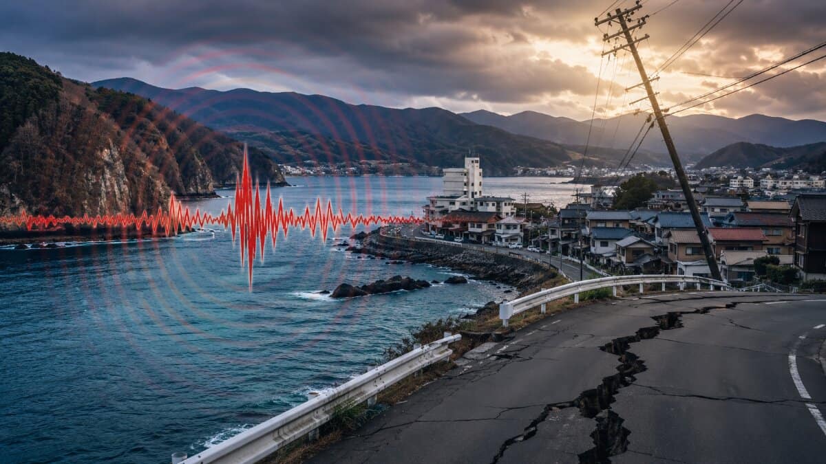 Coastal northern japan landscape with damaged road and stormy sea representing tohoku travel safety checks after the offshore iwate earthquake.