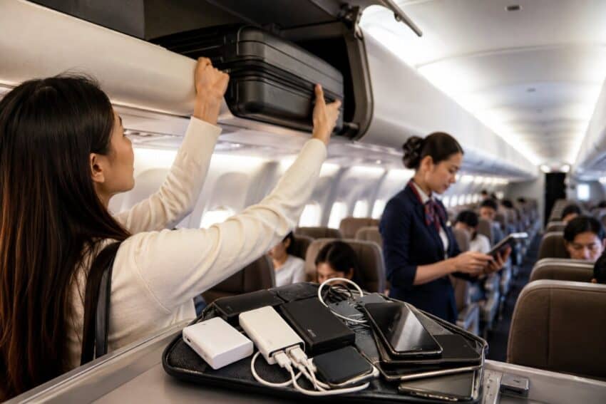 Air passenger carrying power banks and mobile devices in cabin baggage under updated flight safety rules.