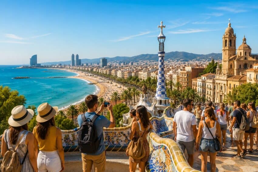 Tourists overlooking a sunny spanish coastal city with beaches, palm-lined promenades, historic buildings and blue mediterranean waters.