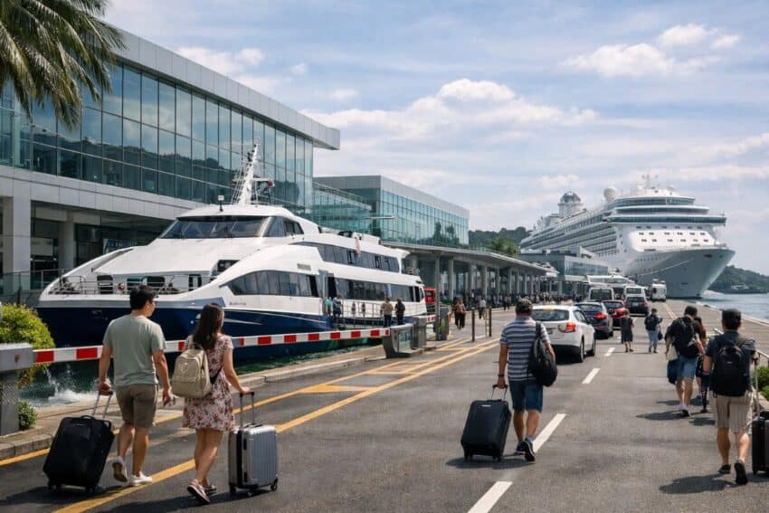 Modern singapore harbourfront cruise and ferry terminal with passengers, luggage, ferry operations, waterfront buildings and organised transport lanes.