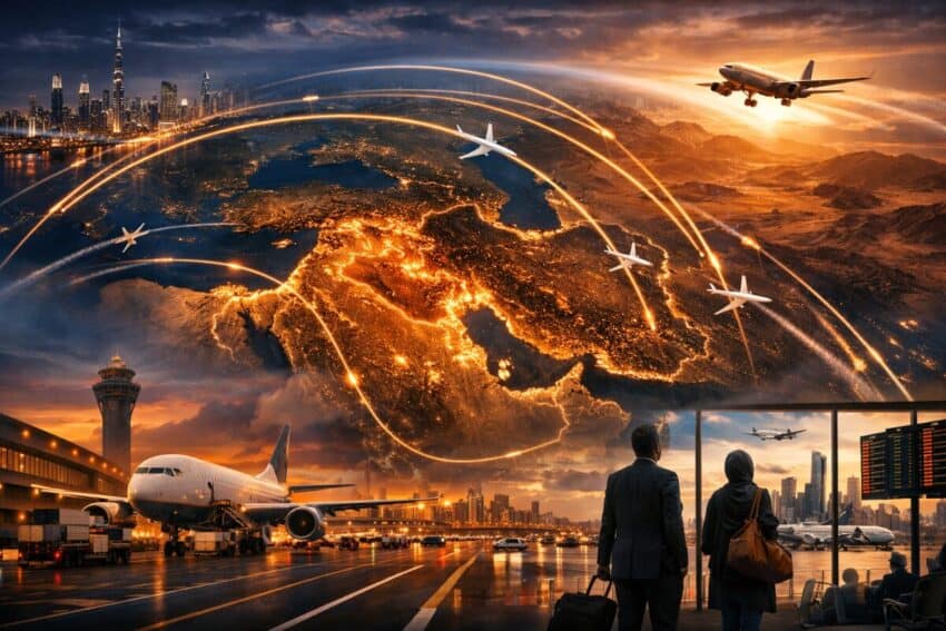 Realistic collage of aircraft flying over a glowing middle east and persian gulf map, with airport terminals, gulf skylines and travellers symbolising global aviation disruption.