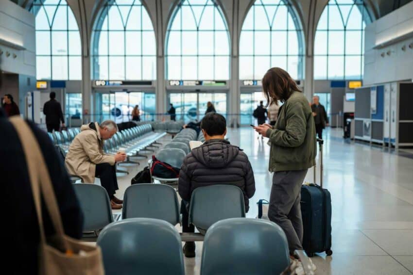 Image of passengers waiting at san francisco international airport due to cancellations and delays