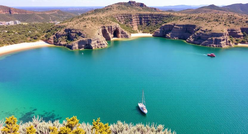 South africa records nearly one million international arrivals in april 2026 - travel and tour world Aerial view of a turquoise bay with sandy beaches and rugged cliffs, a sailboat anchored near the center foreground.