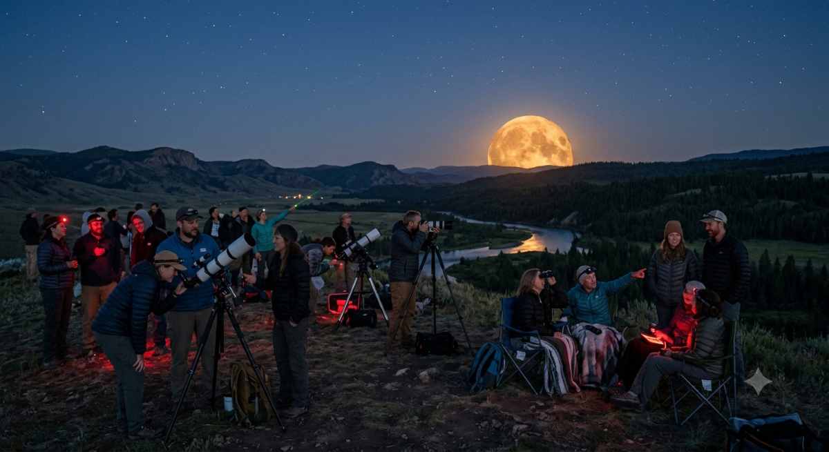 A stunning, warm-hued strawberry moon rising low over a quiet, darkened landscape during the summer season.