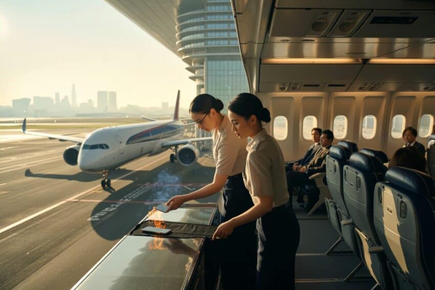 Cabin crew safely handling a smoking smartphone inside a passenger aircraft at tokyo haneda airport, with a parked aircraft and terminal visible outside.