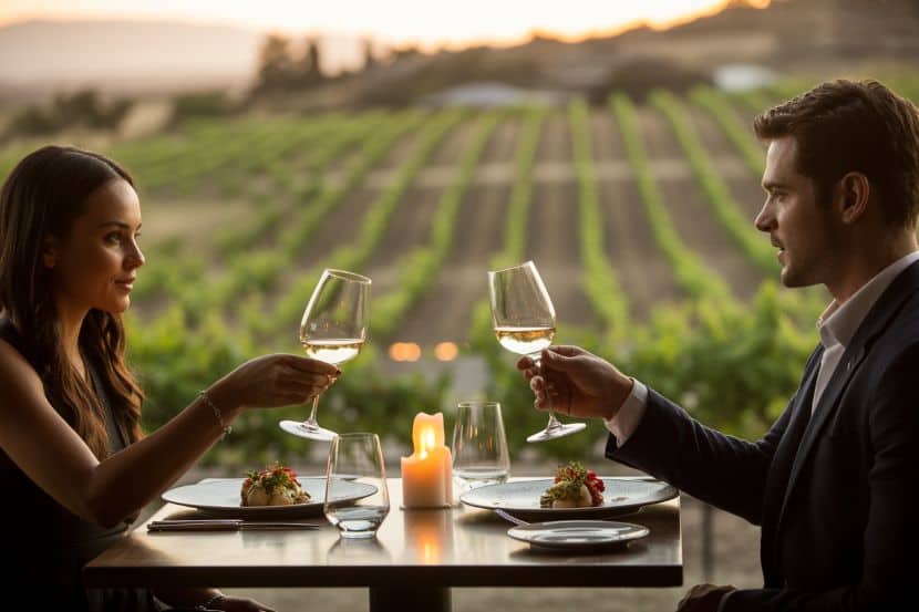 Couple toasting wine glasses at a candlelit outdoor dinner with a vineyard backdrop at sunset.