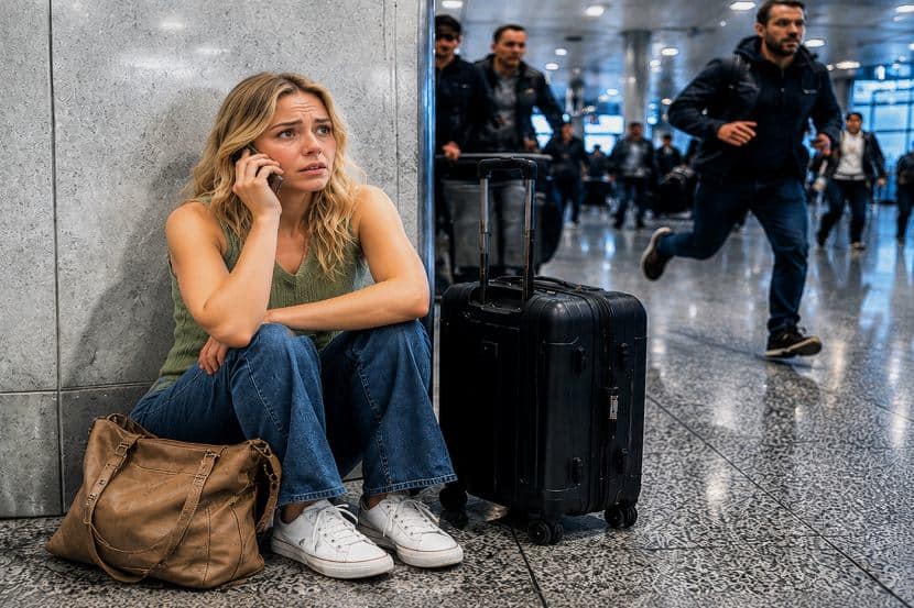 - travel and tour world Woman seated on the airport floor, talking on her phone, with a brown bag and a rolling suitcase beside her while travelers pass by.