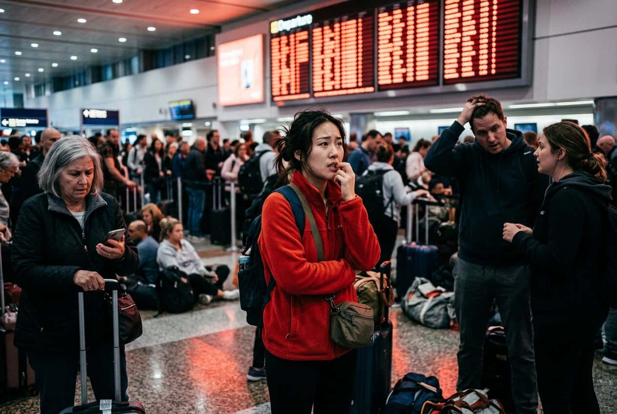Crowded airport terminal with a young woman in a red jacket standing with a backpack, looking pensive as she fiddles with her fingers amid travelers and luggage. The large red flight information board looms in the background.