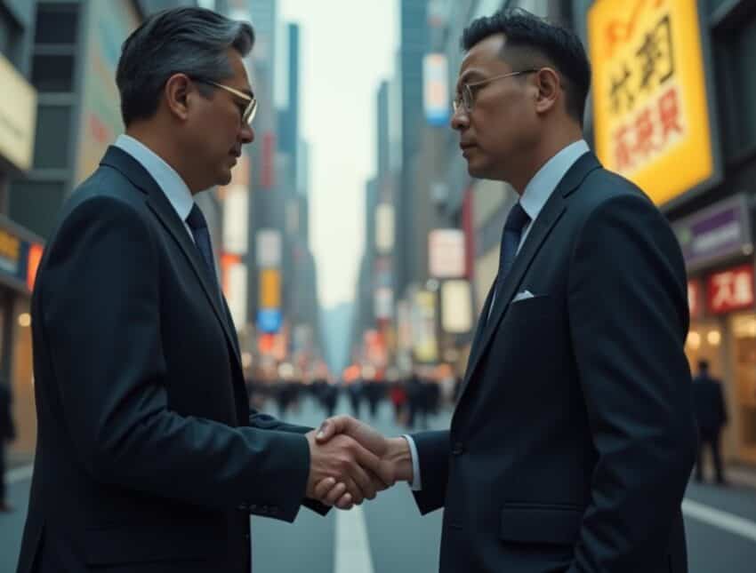 Two businessmen in dark suits shake hands in the middle of a busy city street, facing each other with blurred storefronts in the background