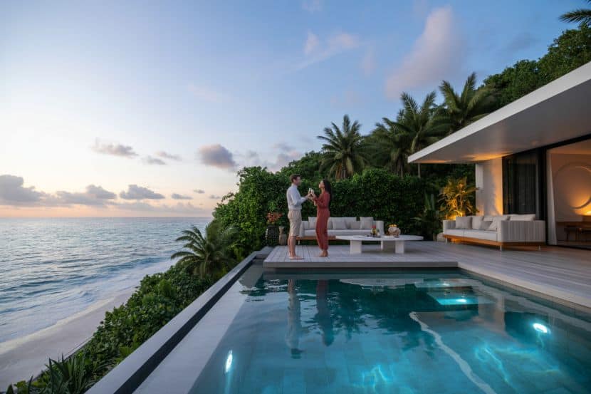 Couple toasting on a wooden deck by an infinity pool overlooking the ocean at sunset, in a tropical villa setting.