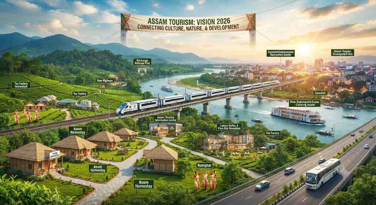 A vibrant landscape representing the growth of assam tourism through new infrastructure and the state's ambitious 2026 development goals.