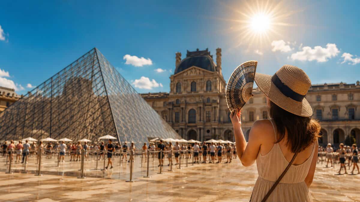 A tourist holding a fan near the louvre pyramid in paris during a bright summer heatwave, with crowds waiting outside the museum.