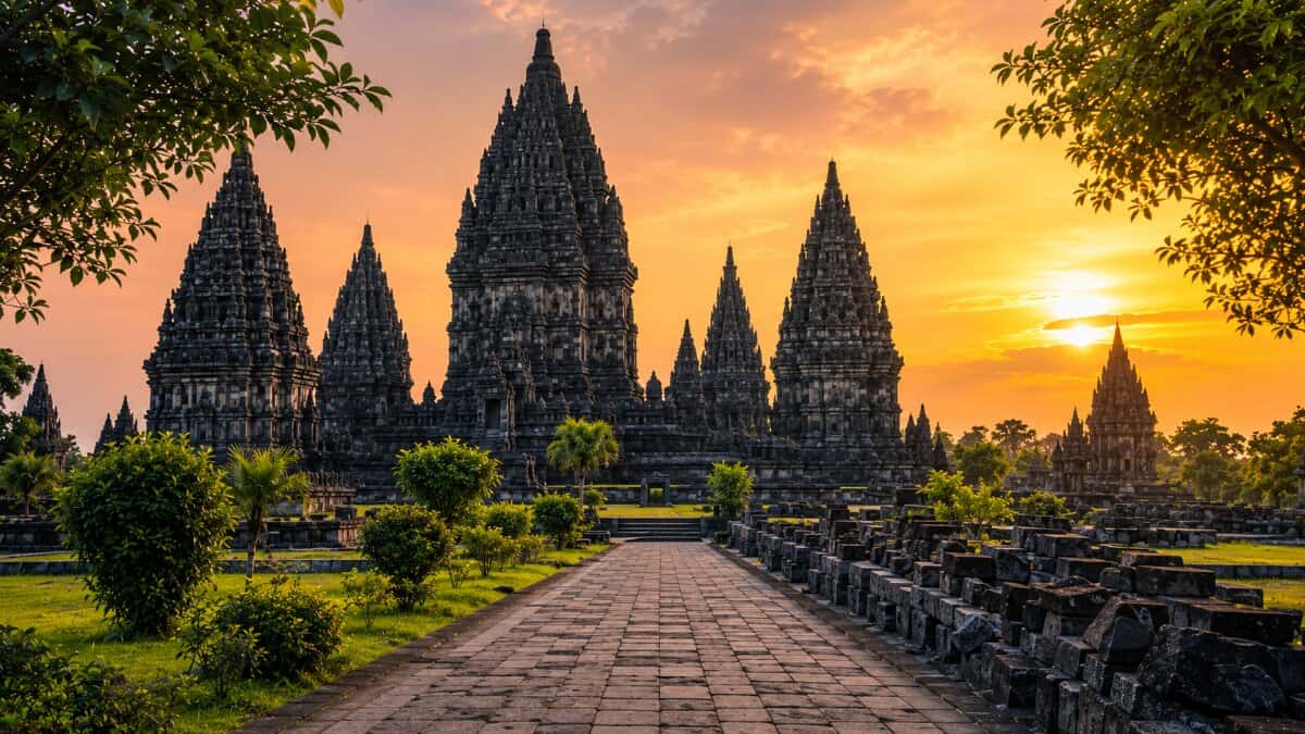 Prambanan temple glows at sunset in yogyakarta, indonesia - travel and tour world Prambanan temple complex in yogyakarta, indonesia, illuminated by a golden sunset with a stone pathway, green gardens and ancient temple ruins in the foreground.