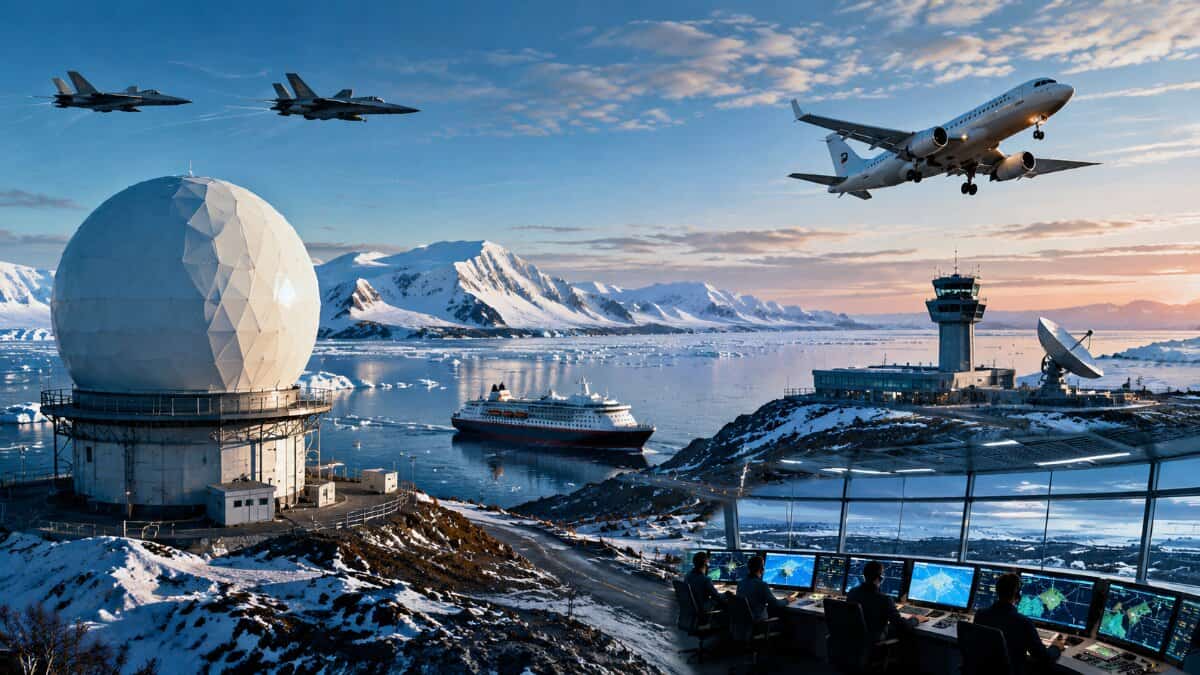 Arctic aviation infrastructure with radar station, aircraft, control tower, satellite communication systems and cruise vessel representing canada&rsquo;s polar travel resilience and dual-use aviation technology development.