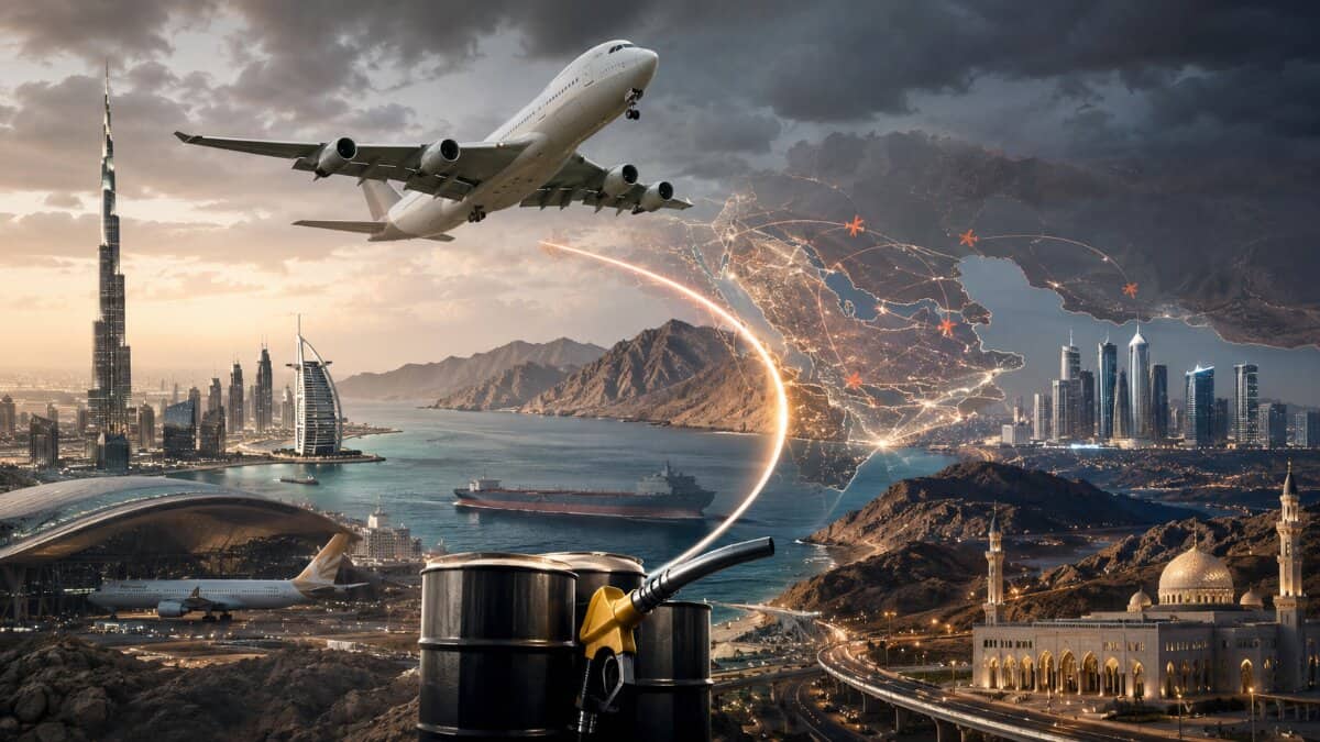 Strait of hormuz crisis threatens gulf aviation and global travel - travel and tour world Passenger aircraft flying above gulf cities, an oil tanker and aviation-fuel barrels representing strait of hormuz disruption affecting uae, qatar and oman travel networks.