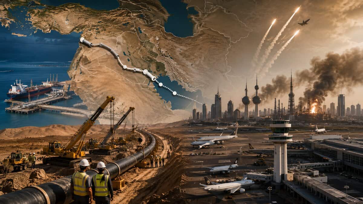 Ultra-realistic view of an oil pipeline construction corridor across the middle east, with engineers, cranes, an airport, passenger aircraft, a mediterranean oil terminal and distant missile attacks representing disruption across iraq, syria, iran, kuwait and jordan.