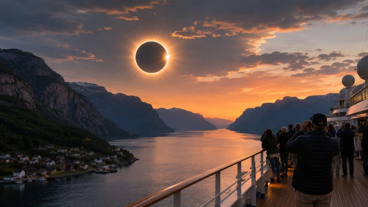 Luxury solar eclipse cruise across northern europe - travel and tour world Luxury cruise passengers viewing a solar eclipse from an open deck while sailing through a dramatic northern european fjord at sunset.