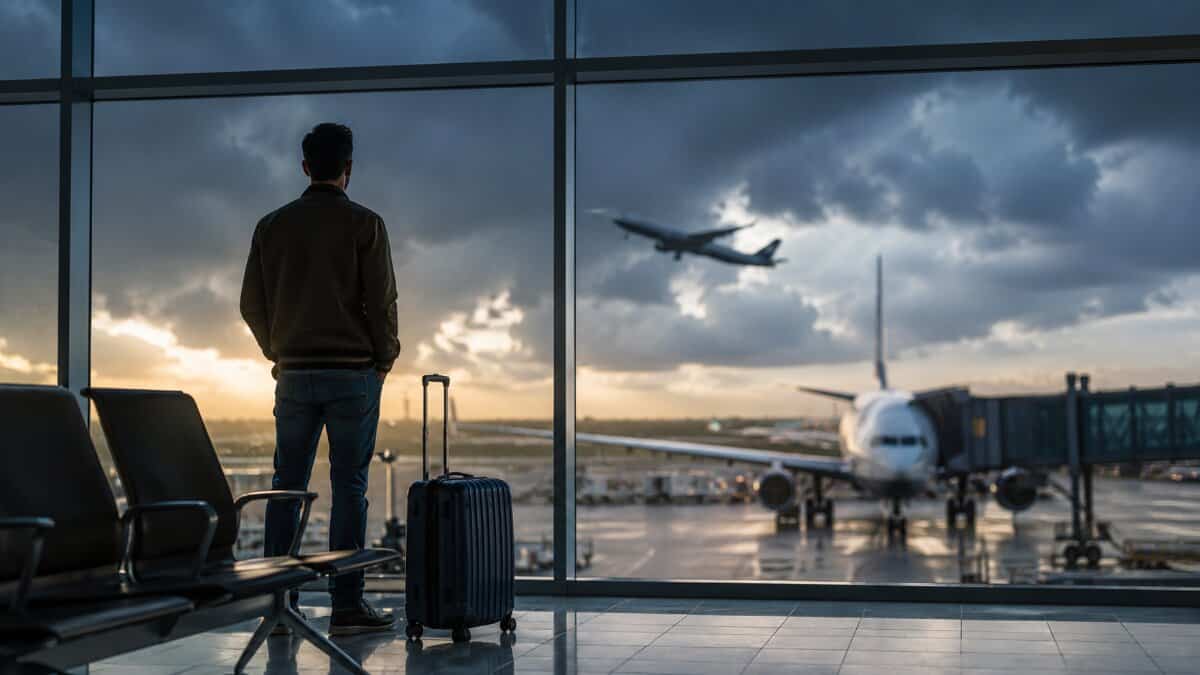 Traveller with luggage overlooking aircraft at an airport terminal during heightened doha transit and gulf airspace disruption.