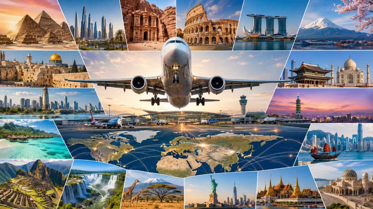 Italy aviation strike sparks global travel alert across major international routes - travel and tour world Collage showing a large passenger aircraft above an airport, surrounded by global landmarks and flight route lines, symbolising italy aviation strike disruption across international travel markets.