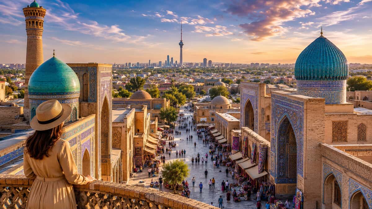 Golden sunset over uzbekistan&rsquo;s silk road architecture with blue domes, heritage buildings, busy market streets and a modern skyline in the distance.