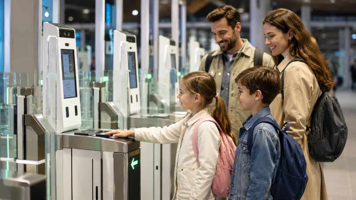 Family with two young children using automated egates inside a modern airport terminal, representing faster uk border travel for eligible children aged eight and nine.
