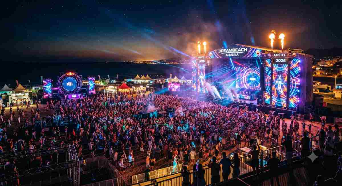 Dreambeach festival - travel and tour world A vibrant night scene at the dreambeach festival in almería, showcasing illuminated stages and a massive crowd under the summer sky.