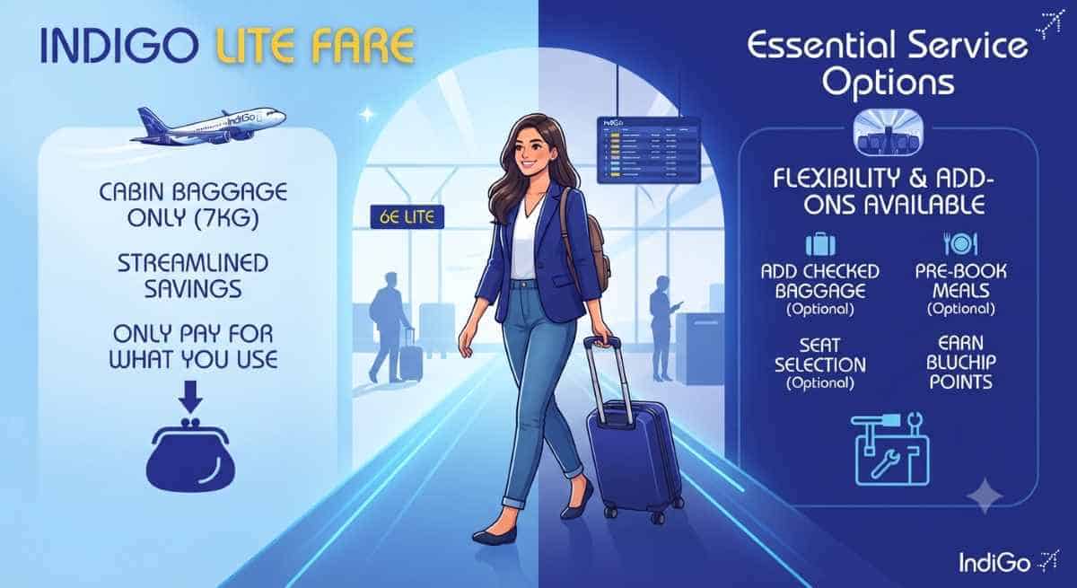 Indigo - travel and tour world The new indigo lite fare, showing a passenger travelling with minimal cabin luggage, symbolizing the balance between budget-friendly travel and essential service options.