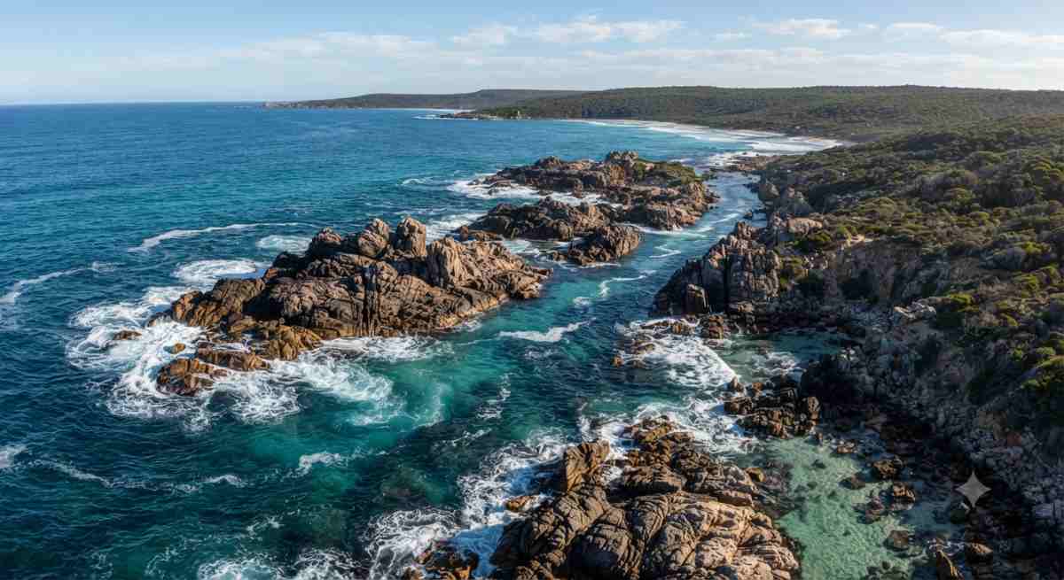 Margaret river - travel and tour world A breathtaking aerial view captures the dramatic limestone formations and turquoise waters of canal rocks, located along the rugged coastline of the margaret river region in western australia.