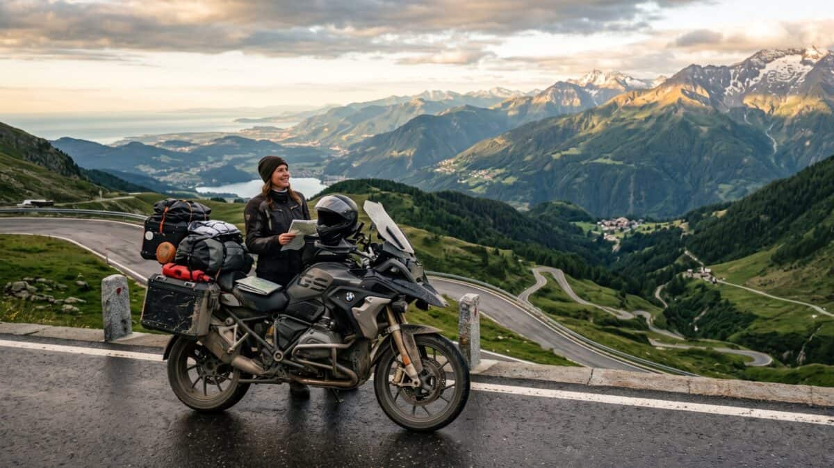 Motorcycle rider exploring europe from portugal to greece on an epic 2026 road trip through alpine mountains, coastal highways and scenic routes.