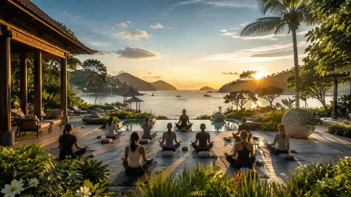 Tropical wellness resort in phuket with ocean view and yoga session at sunset