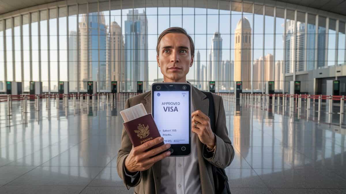 Gcc resident holding a passport and digital uae evisa inside a modern airport immigration terminal.
